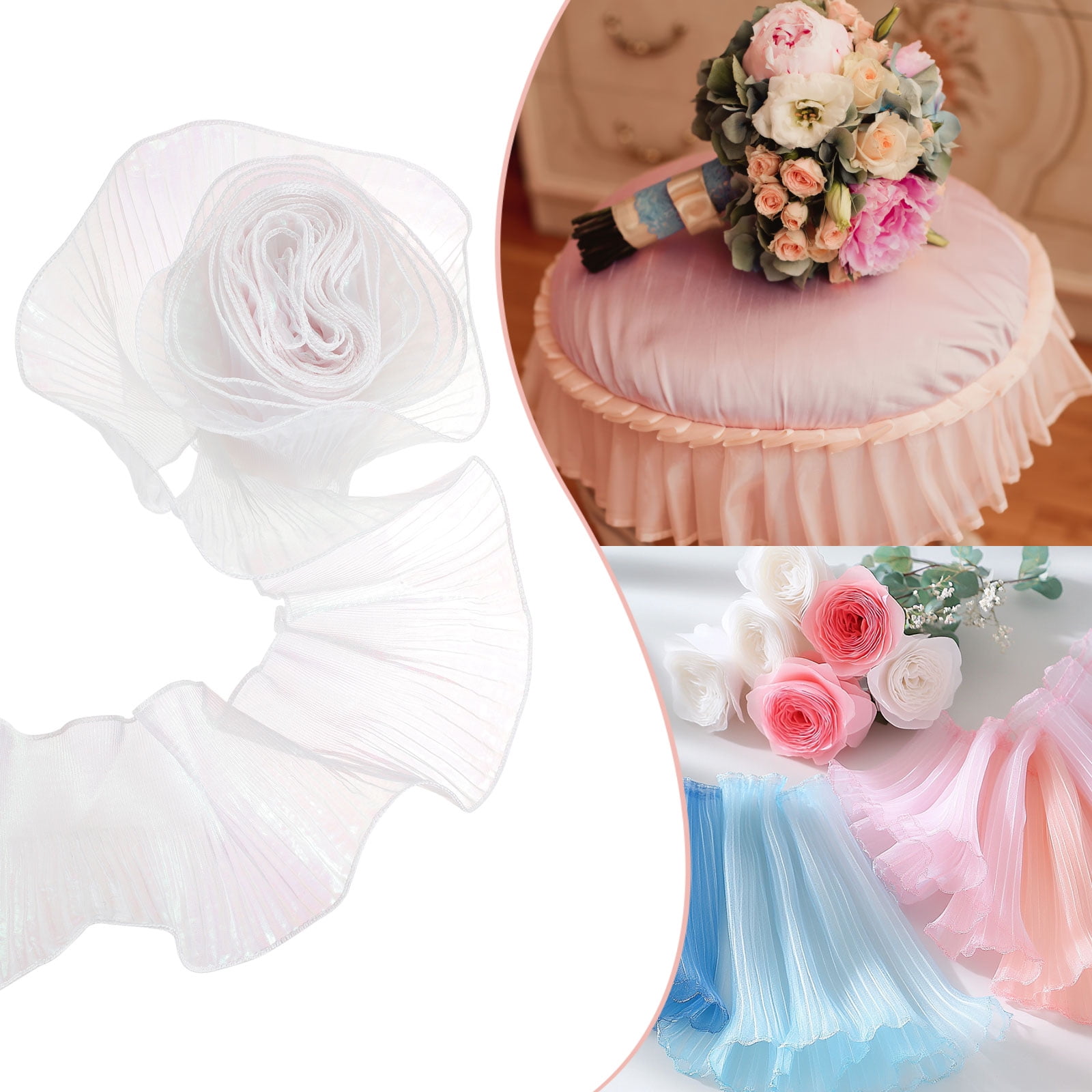 5.5" x 11 Yards Ruffle Pleated Organza Trim Iridescent Pleated Lace Trim Ribbon for DIY Craft Dress Clothing Wedding Gift Home Decoration, White