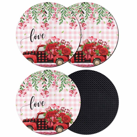 Valentine's Day Coasters Set of 4, Absorbent Coasters for Drinks, Red Truck Roses Love Leaves Pink Plaid Coaster for Desk Coffee Table Protection, Home Decor House Warming Gifts 4"