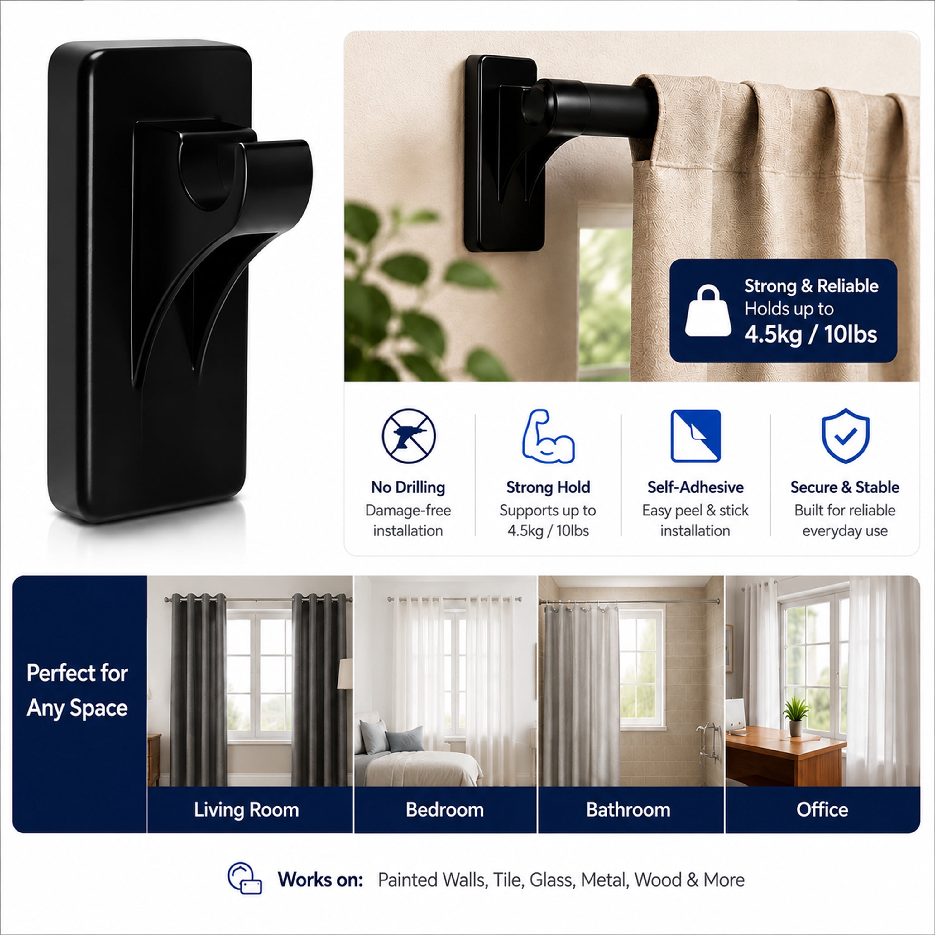 Mainstays Black Adhesive Curtain Rod Bracket Set, 2 Pieces
