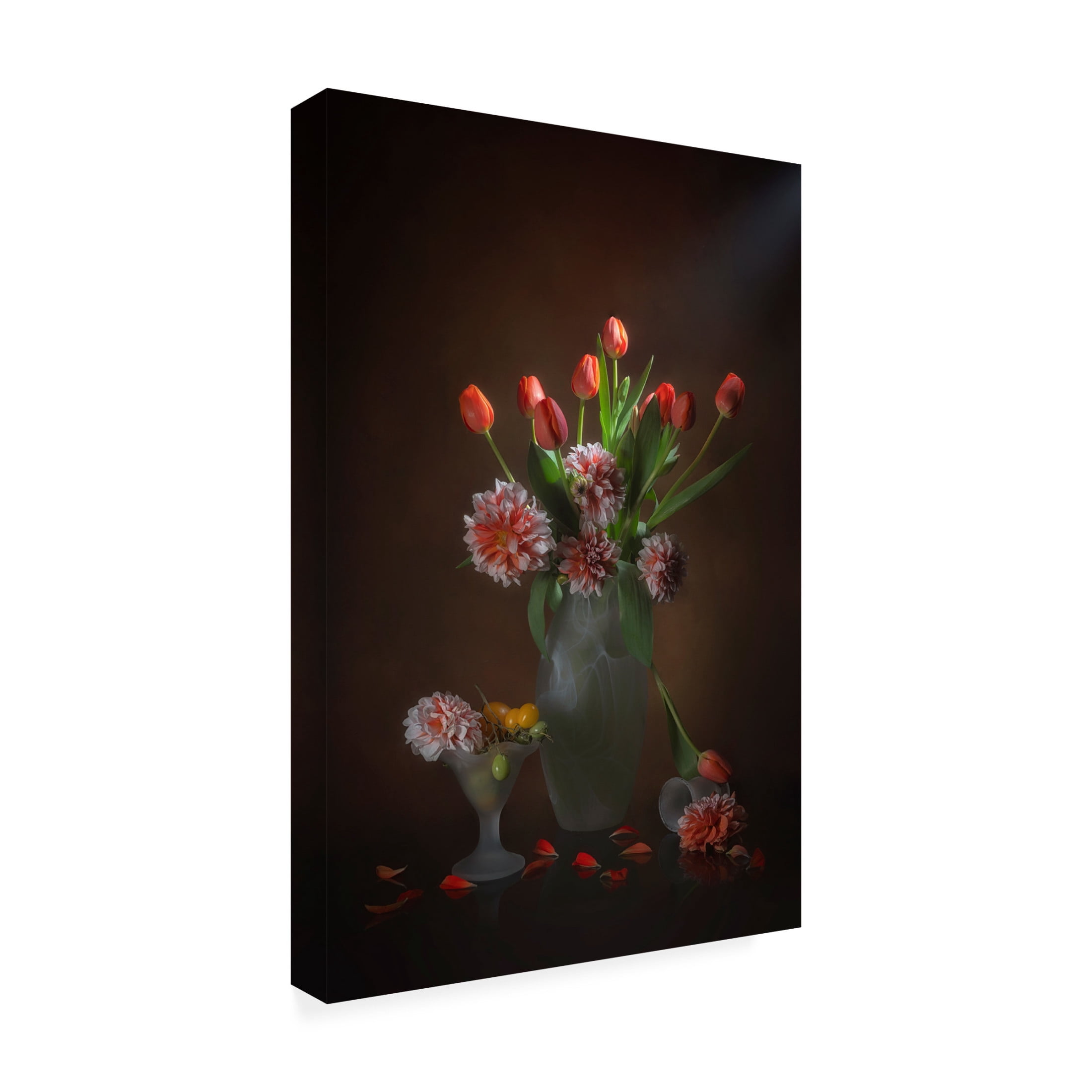 Canvas Wall Art - Lydia Jacobs 'Orange Tulips And Dahlia' Wall Art for Living Room, Bedroom, or Office Décor by Trademark Fine Art - 12 x 19 Inches