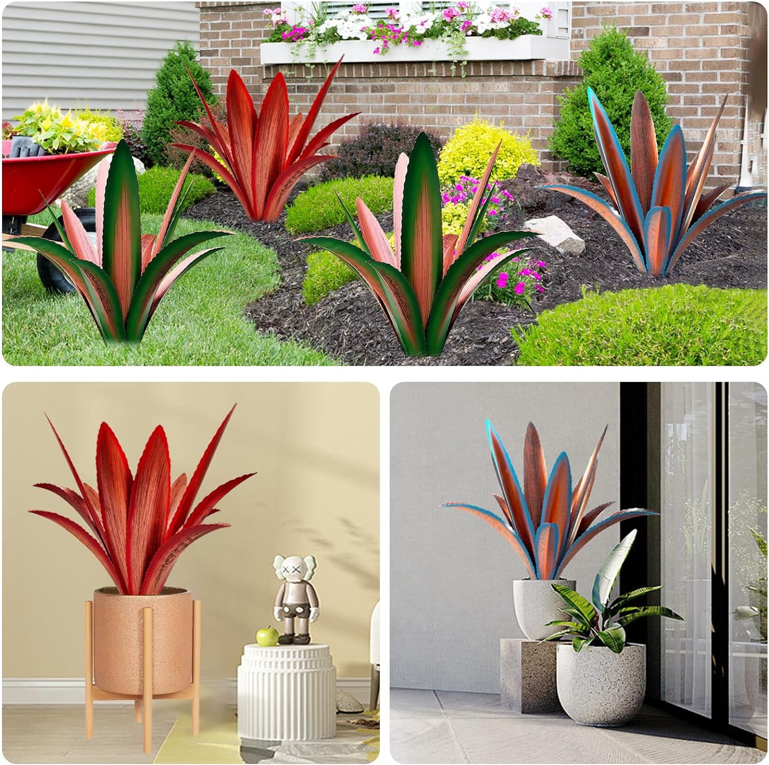 Enlarge Thickened Wind Resistant Metal Agave Garden Art Plant Country Garden Sculpture Statue Outdoor Decoration Agave Metal Plant Courtyard Ornament Gift (2, 12 Leaves Black)