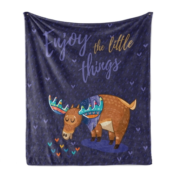 Enjoy the Little Things Soft Flannel Fleece Blanket, Hand Drawn Elk Cartoon Grazing in the Rain and Calligraphy Message, Cozy Plush for Indoor and Outdoor Use, 70" x 90", Multicolor, by Ambesonne