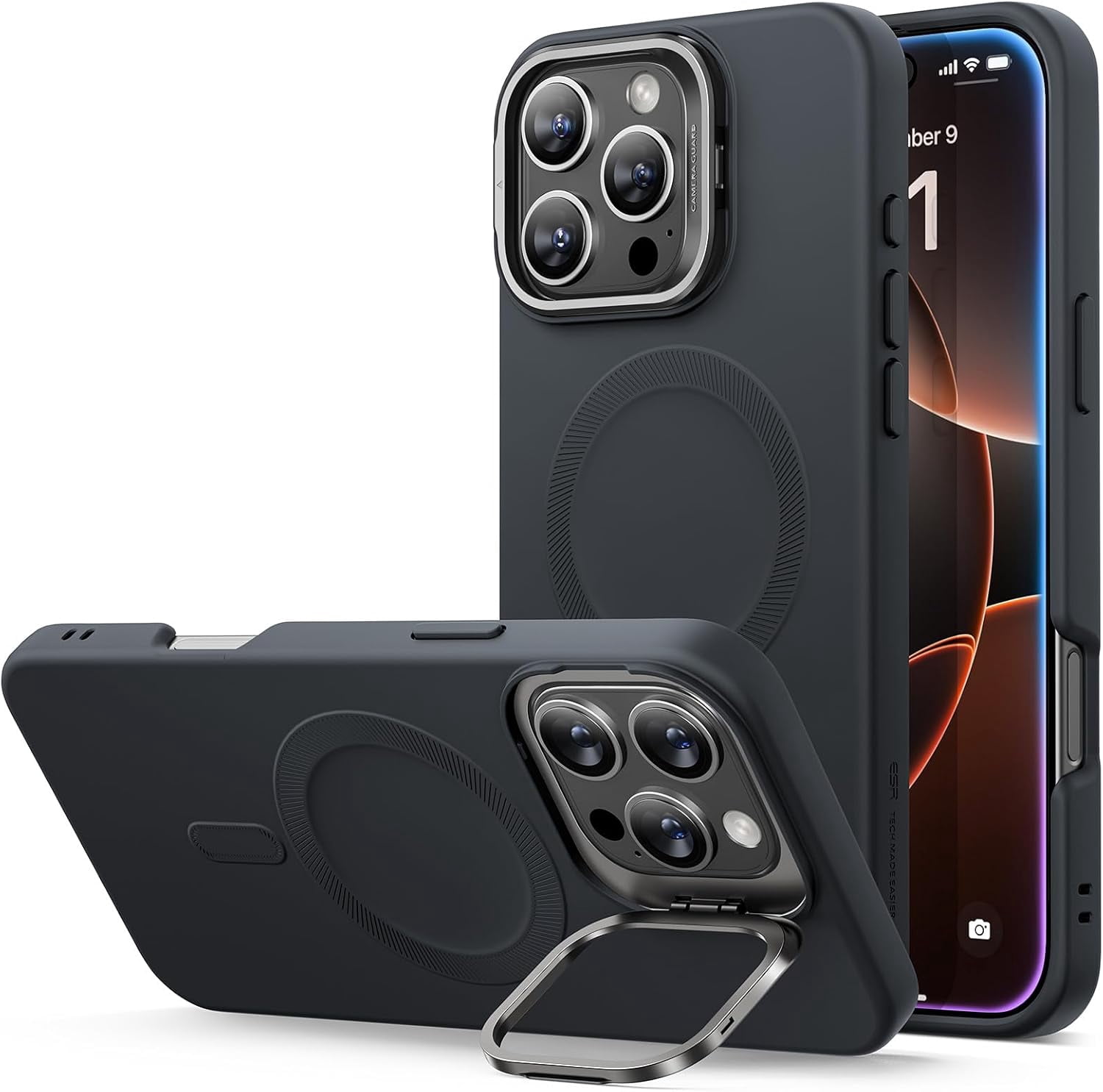 RGHJAR-ESR for iPhone 16 Pro Max Case, Silicone Case with Stand, Compatible with MagSafe, Built-in Camera Stash Stand, Magnetic Phone Case for iPhone 16 Pro Max, Cloud Series, Black