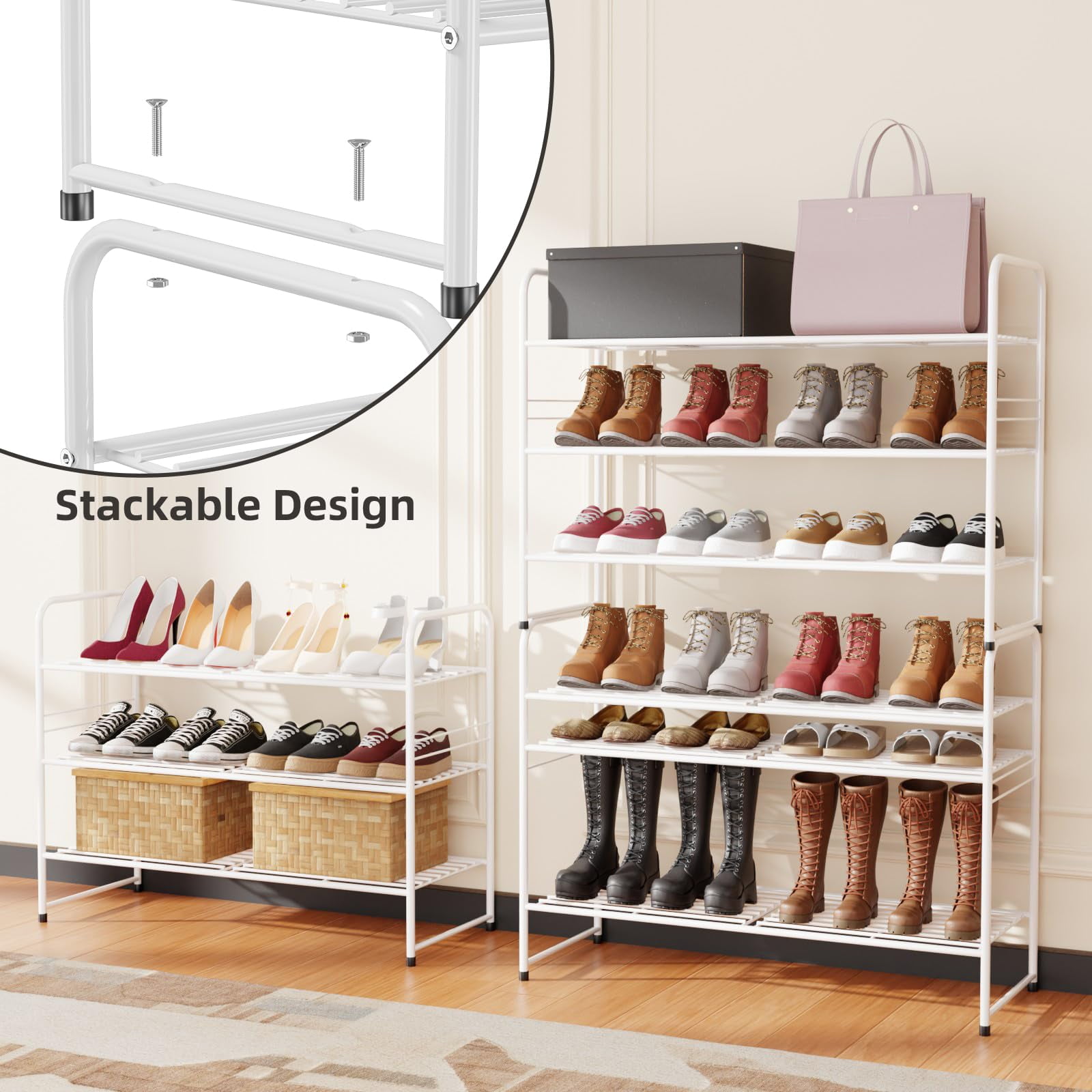 3-Tier Metal Shoes Rack for Closet, 33" Wide Shoe Storage Organizer,  White