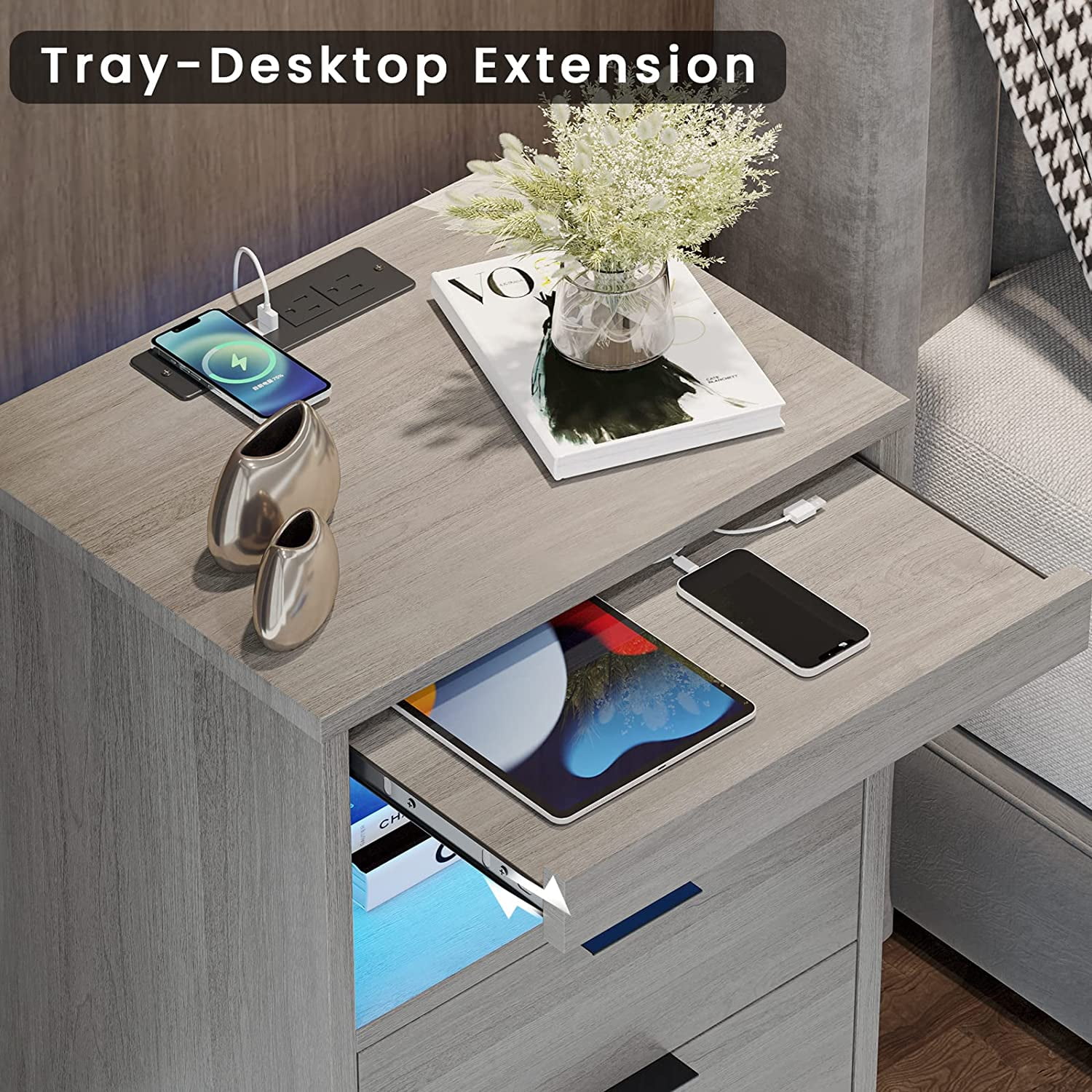 Set of 2 Night Stand with 2 Drawers and Open Storage,Smart Nightstand with Wireless Charging Station and LED Lights,Bedside Table with Drawers and Storage Pull-Out Shelf,Grey