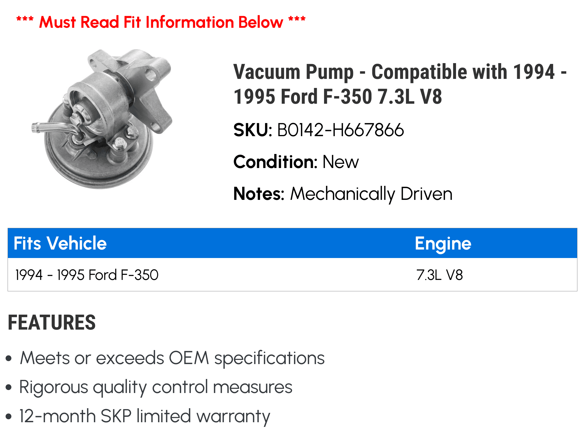 Vacuum Pump - Compatible with 1994 - 1995 Ford F-350 7.3L V8