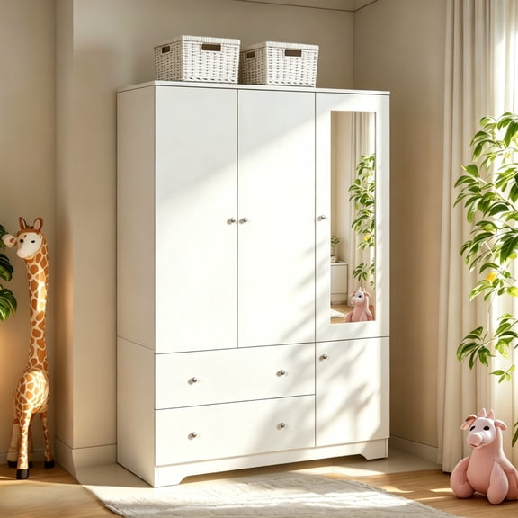 Ktaxon 3 Door Wardrobe Armoire Closet with Mirror Hanging Rod, Large Capacity Storage Closet for Bedroom, Modern Drawer & Shelf Elegant White Finish Closet