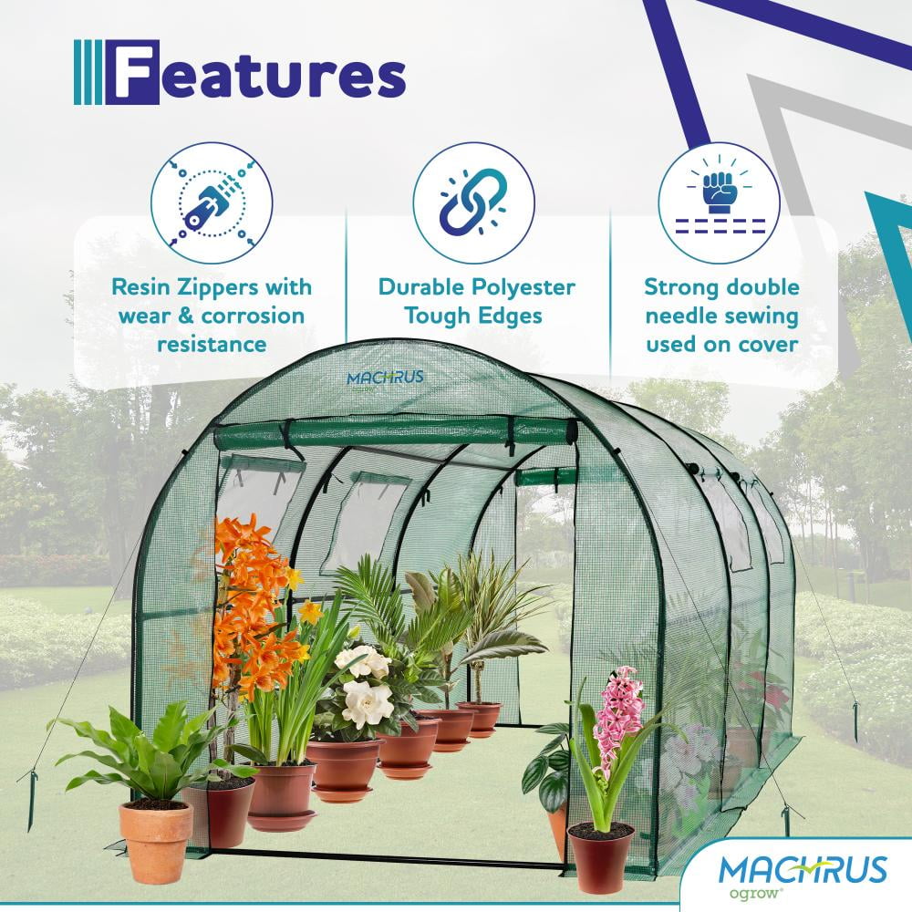 Machrus Ogrow Deluxe Walk-In Tunnel Greenhouse with Green Cover for Outdoors and Indoors