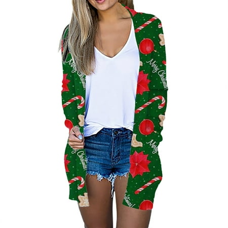 

Tejiojio Kids Clothing Holiday Gift Fashion Woman Long Sleeve T-Shirt Autumn Open Front Christmas Cardigan Loose Outerwear Printing Blouse Coat Pockets Tops