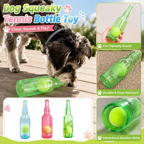 Dog Chew Toys, Dog Toys Ball, Dog Enrichment, Interactive Dog Toys, Green 10X3 Inch Soda Bottle Shaped Dog Toys with Built-In Tennis Ball, Squeaky Design for Self Amusement, Bite