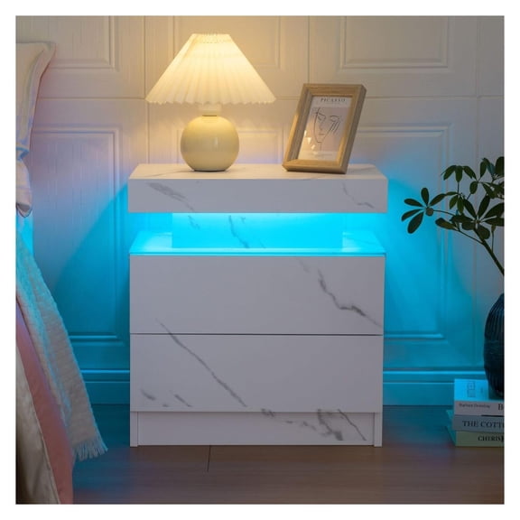 Bedside Table with 2 Drawers, LED Nightstand Wooden Cabinet Unit with LED Lights for Bedroom, End Table Side Table for Bedroom Living Room