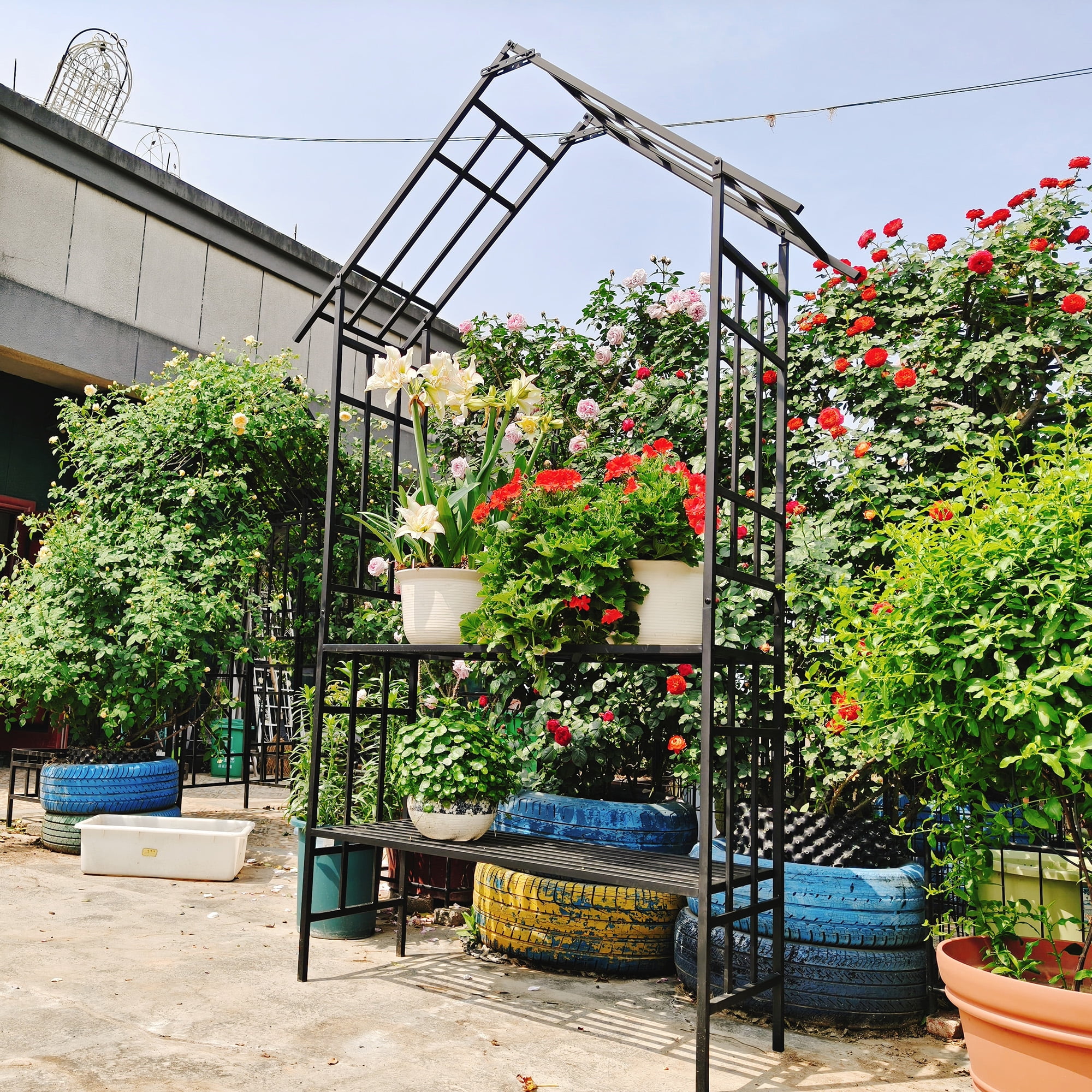 Black Metal Garden Arch with Bench Convertible Flower Stand 5807x9724x1693 Inch Climbing Plants Support Rose Arch Outdoor Garden Decor