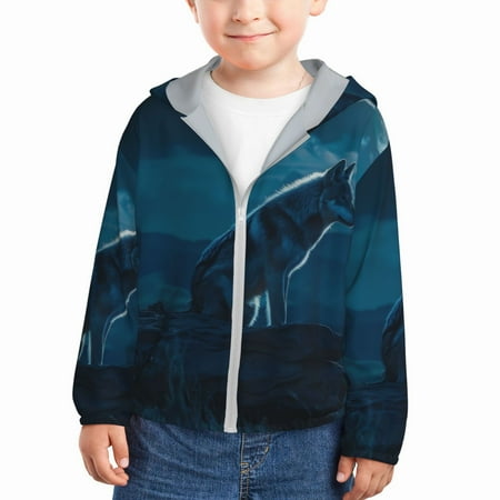 

Ocsxa Lonely Night Wolf Print Kids Active Zipper Sun Protection Jacket Boys Girls Hooded Cooling Shirt-18 Months