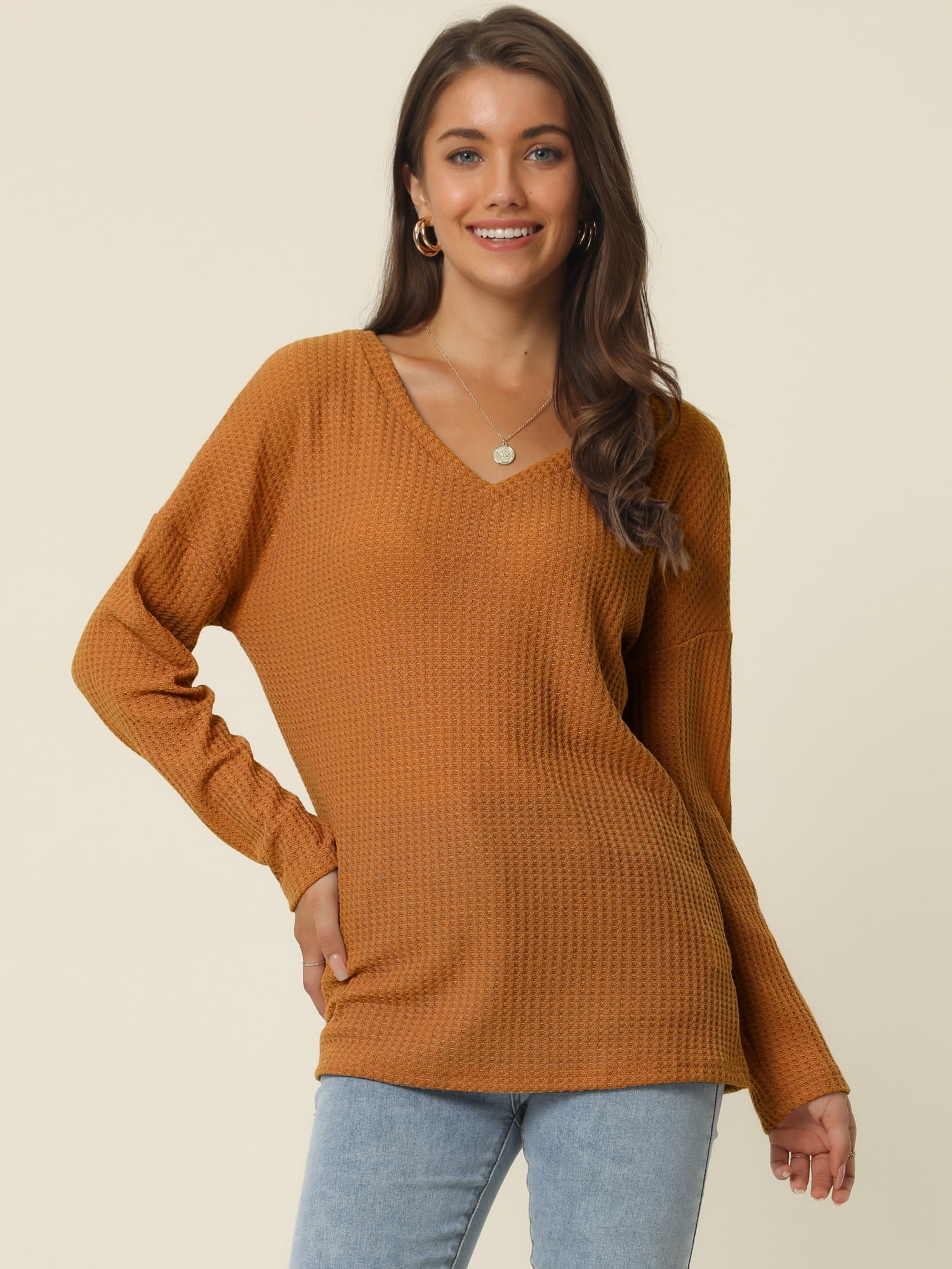Women's Waffle Knit V Neck Long Sleeve Casual Blouse Lightweight Top L Brown