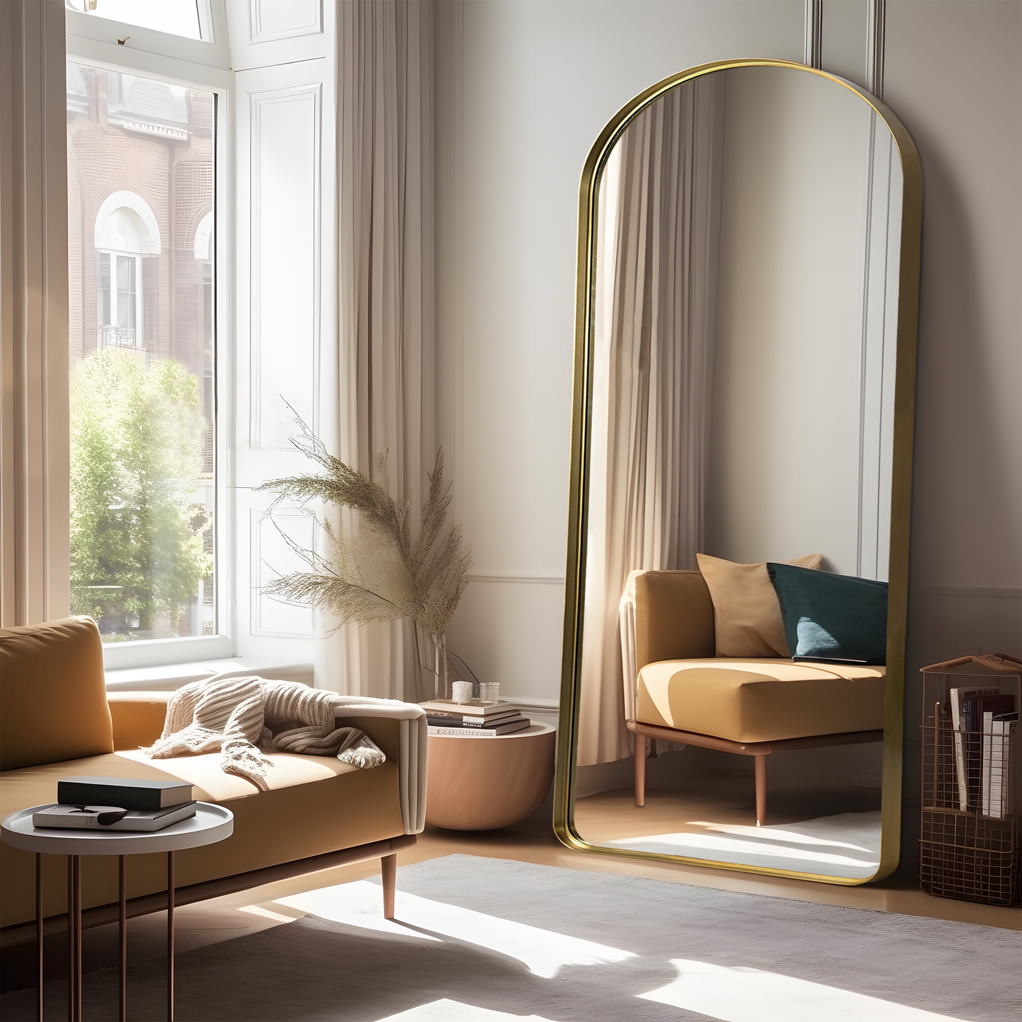 71"x32" Aluminum Alloy Wall Mount Rounded Corner Arched Mirror,Gold Vertical hanging without bracket