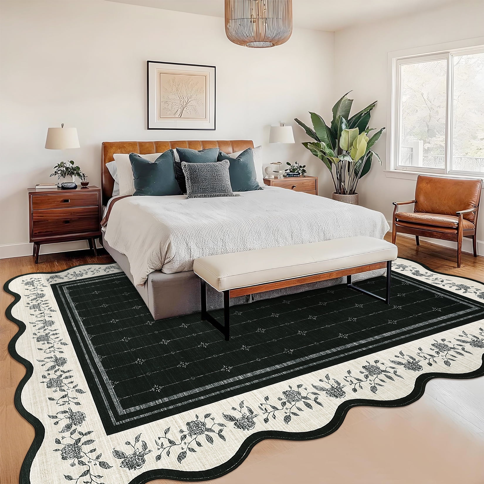 Garvee 8'x10' Scalloped Area Rug Modern Floral Bordered Carpet, Machine Washable Rug with Non Slip Backing Soft Foldable Mat for Living Room Bedroom Dining Room, Black
