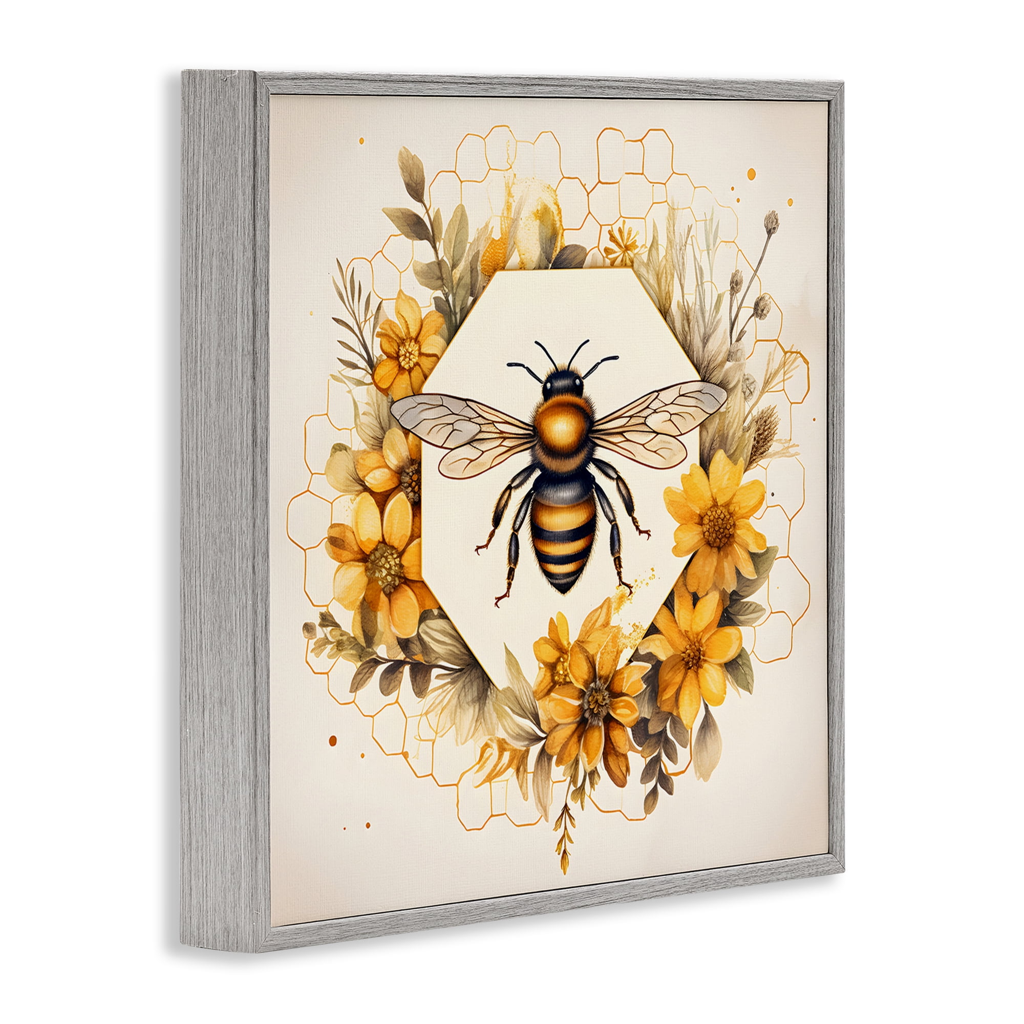 Stupell Industries Hexagon Bee Wreath Animals & Insects Painting Gray Framed Art Print Wall Art, 17 x 17
