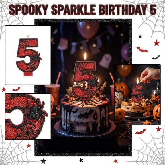 Themed Birthday Party Decor, Halloween Birthday Party Decorations, Birthday Cake Decorations, 5Th Birthday Candle, 6X5 Inch Glitter Red Black Accent for Custom Spooky Baking and