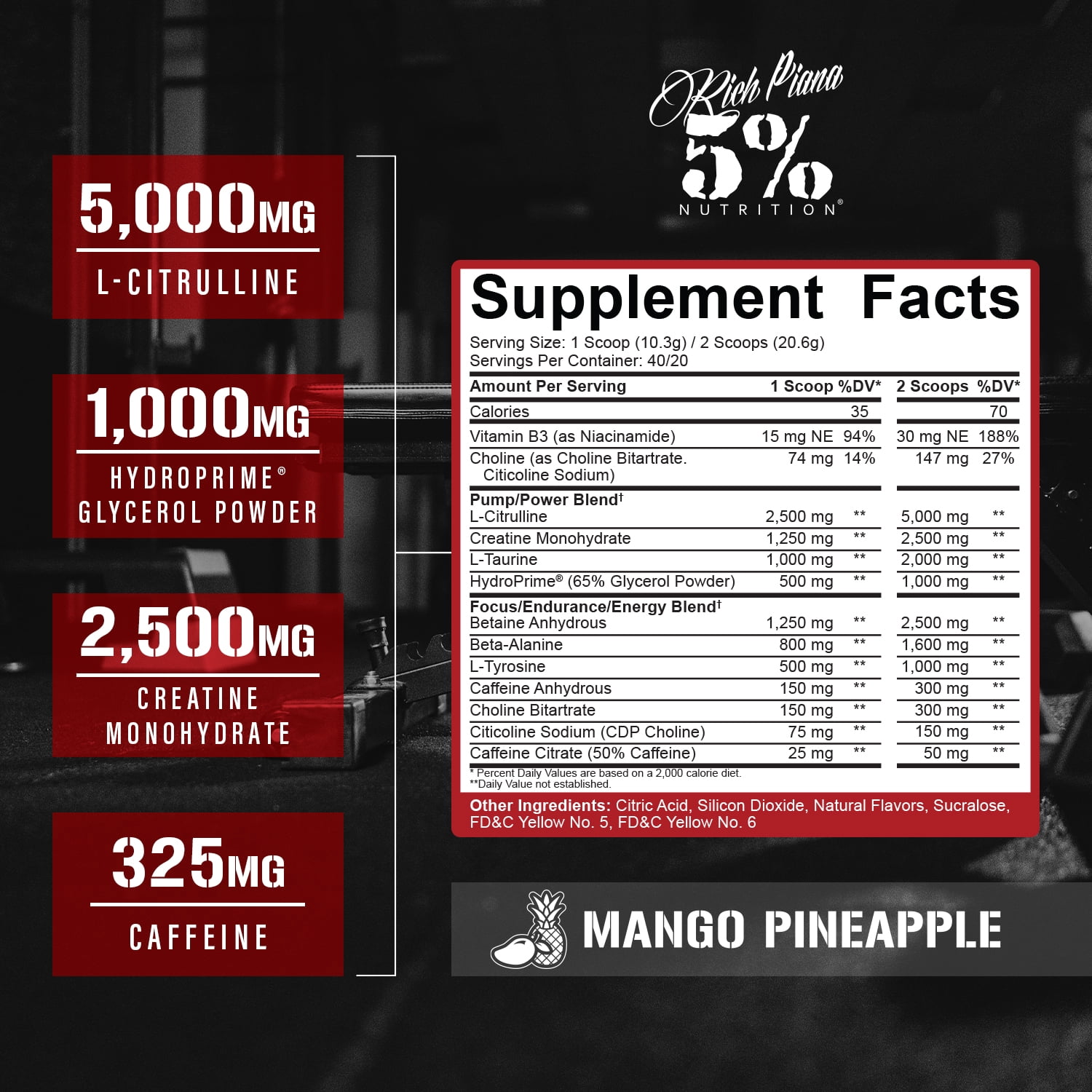 5% Nutrition Rich Piana Kill It Pre-Workout Powder Supplement with Creatine & Caffeine for Pump, 40 Servings (Mango Pineapple)