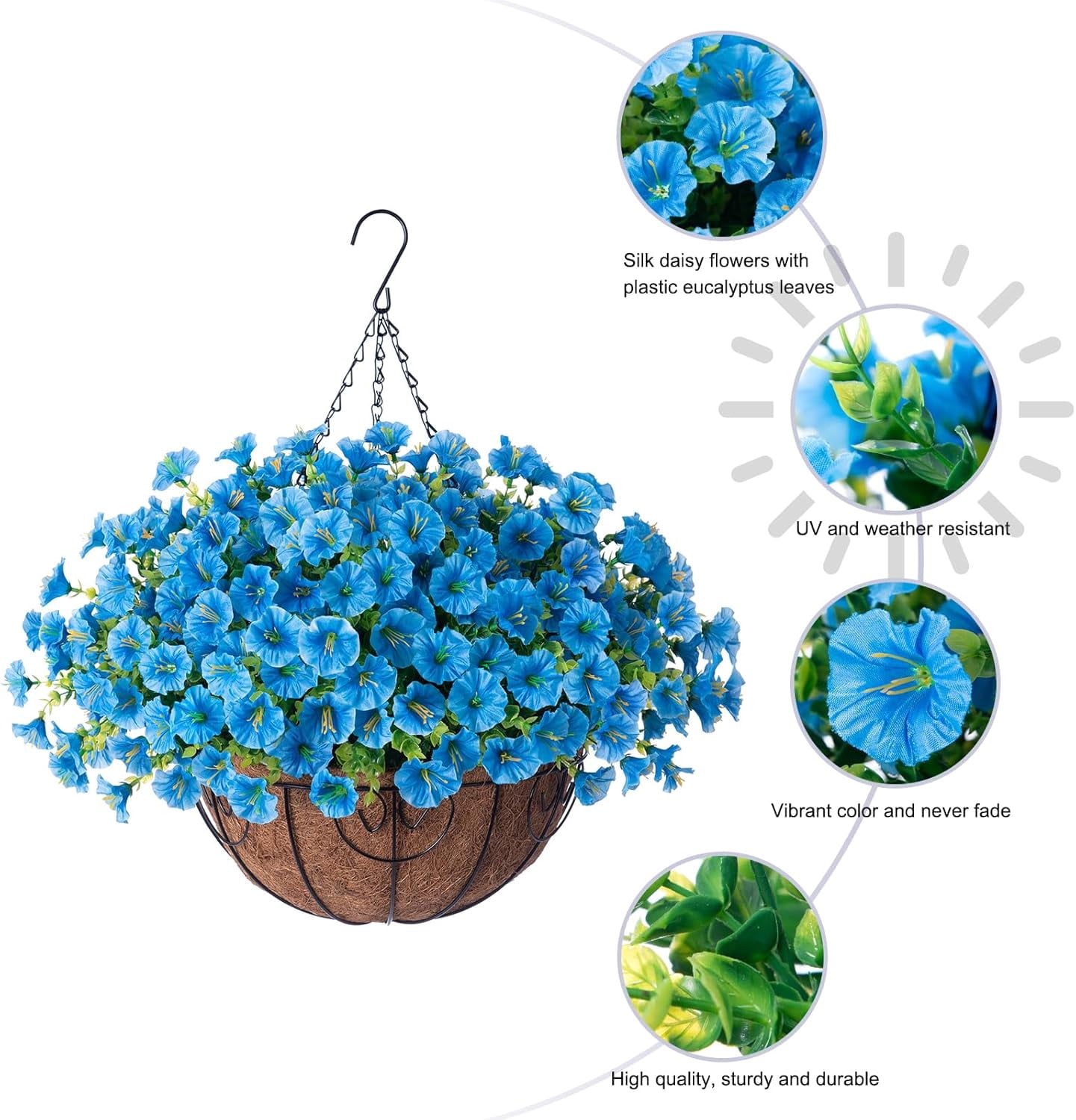 Artificial Fake Hanging Outdoor Plants Flowers with Basket, Faux Silk Blue Morning Glory Eucalyptus Floral Arrangement Look Real UV Resistant for Outside Porch Patio Balcony Home Decor