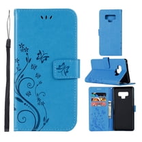 Note 9 Case, Samsung Galaxy Note 9 Case - Allytech Premium Wallet PU Leather with Fashion Embossed Flower Magnetic Clasp Card Holders Flip Cover with Hand Strap, Blue