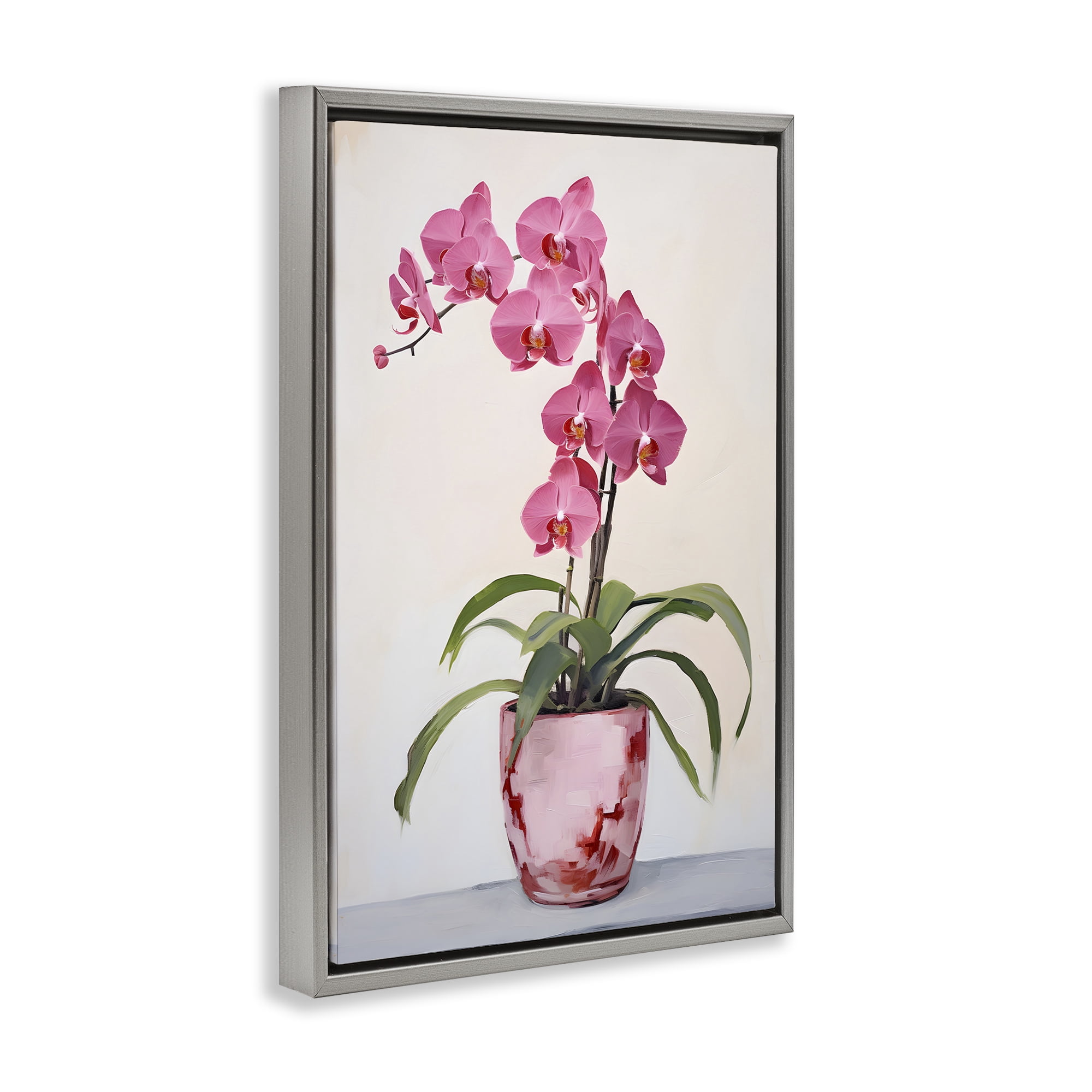 Stupell Industries Modern Pink Orchid Botanical & Floral Painting Gray Floater Framed Art Print Wall Art, 17 x 25