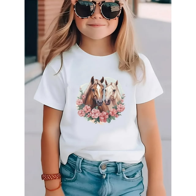 Girls' Summer Short Sleeve T-Shirt, Creative Double Horse Print, Casual Crew Neck, Polyester Knit Top with Slight Stretch, Animal Pattern, Outdoor Running Style, Regular Fit, 230g Fabric Weight