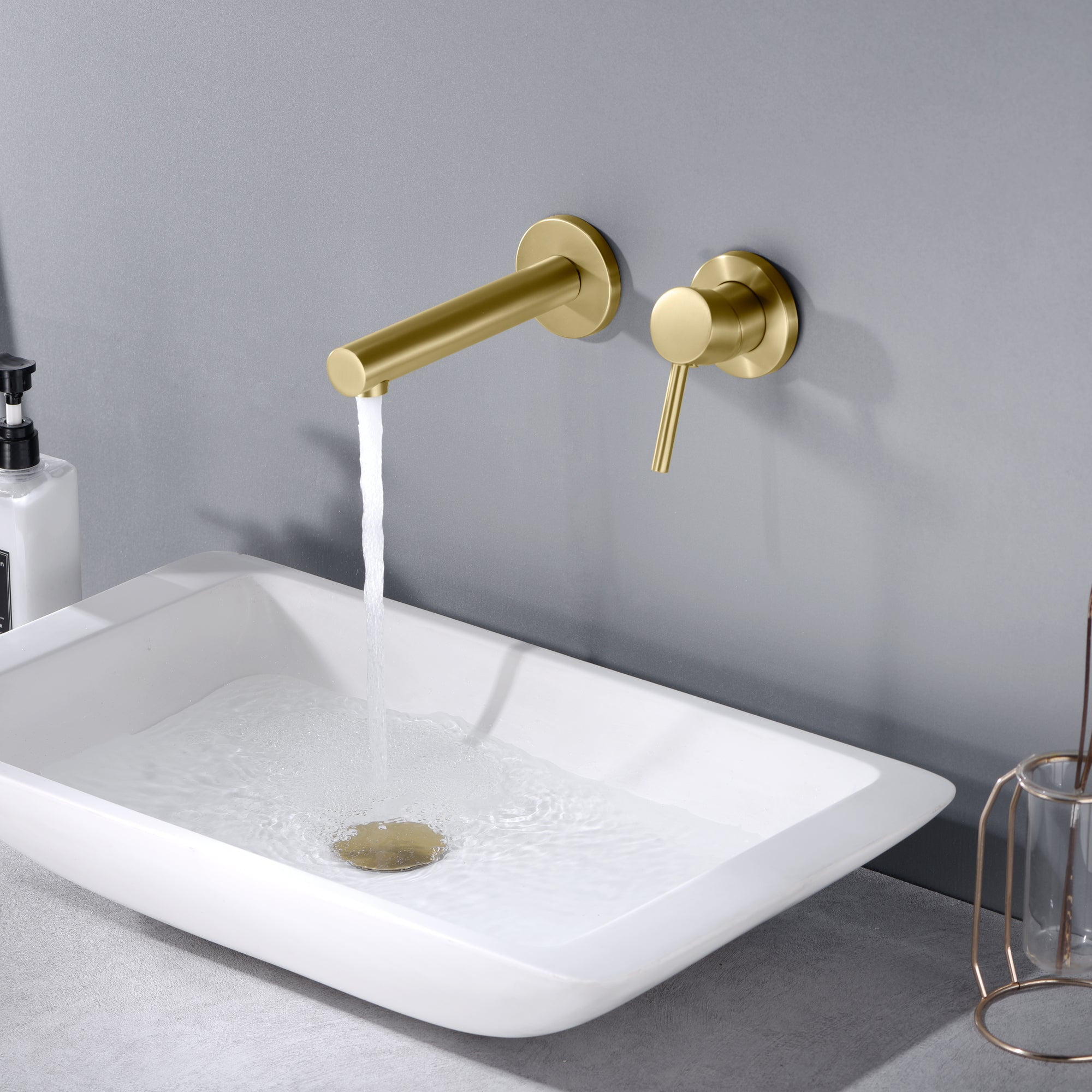 Sumerain Wall Mount Bathroom Faucet, Brushed Gold Single Handle Vanity Basin Faucet with Rough in Valve