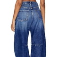 thumbnail image 3 of Women's High Waist Barrel Leg Jeans - Deep Blue Washed Denim with Distressed Ripped Detail, Frayed Raw Hem, Relaxed Cropped Fit Pants for Casual Daily & Boho Outings, 3 of 5