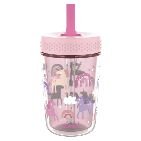 Zak Designs 12oz Unicorn Kids Straw Tumbler, Double Wall Durable Plastic Tumbler with Silicone Straw Utilizing Leak-Proof Valve, Travel Straw Tumbler