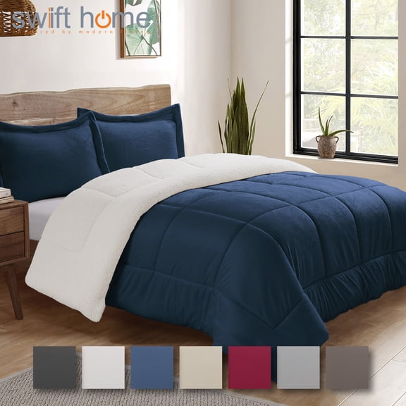 Swift Home 3PC Reversible Winter Plush Sherpa & Faux Micromink Comforter Set, Navy, King