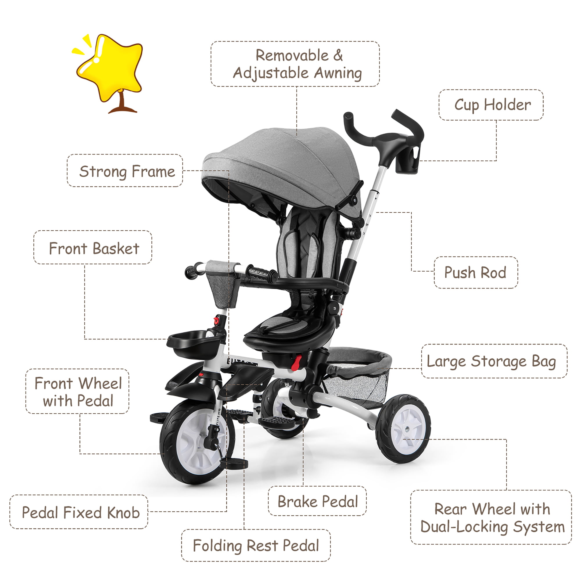 Costway 6-In-1 Kids Baby Stroller Tricycle Detachable Learning Toy Bike w/  Canopy Gray
