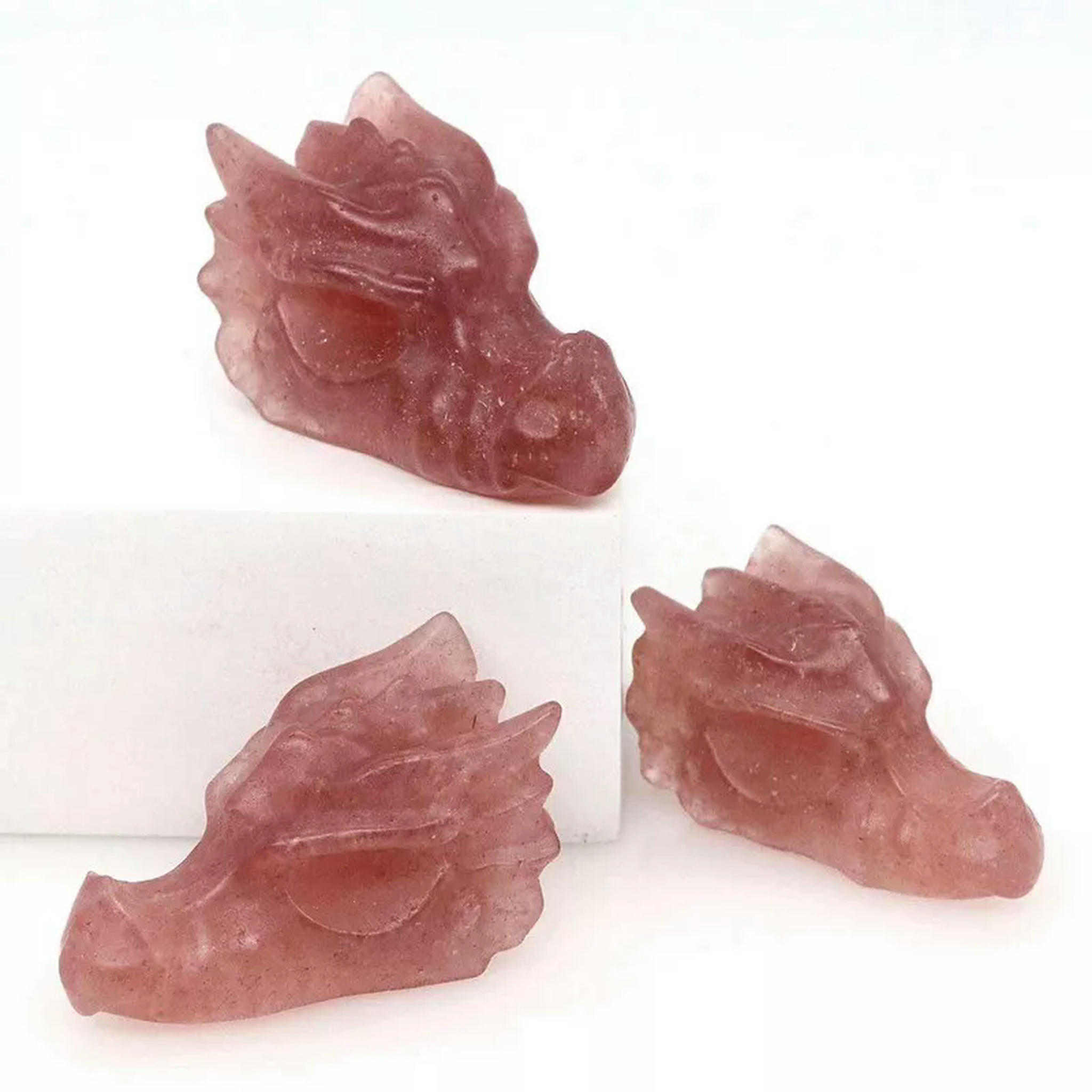 EOEMY 10Pcs Natural Quartz Strawberry Crystal Dragon Head Skull Mini Vivid Statue Gift