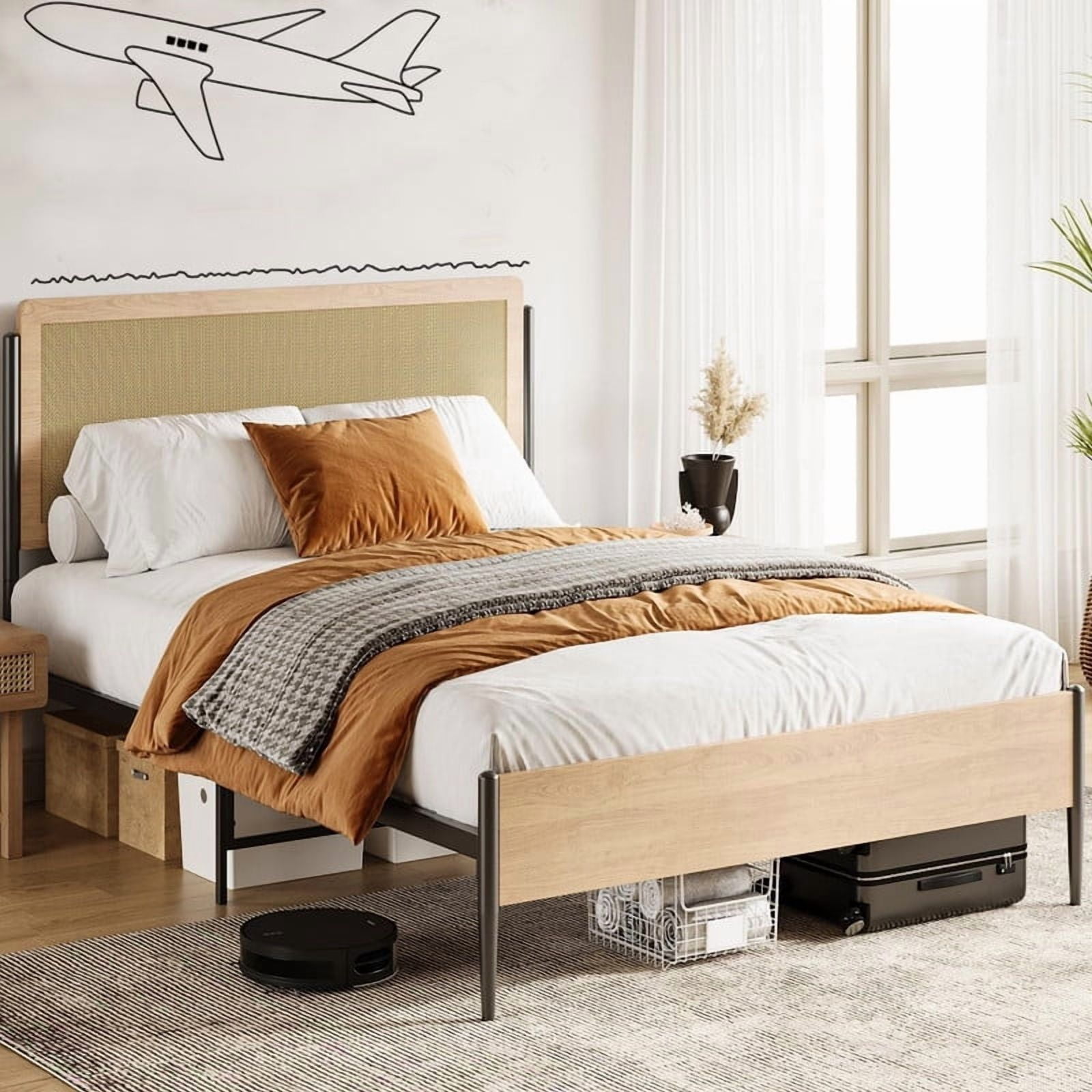 Rattan Bed Frame with Natural Woven Headboard, Heavy Duty Metal Platform with 12.6" Underbed Storage, No Box Spring Needed, Boho Farmhouse Style, Easy Assembly