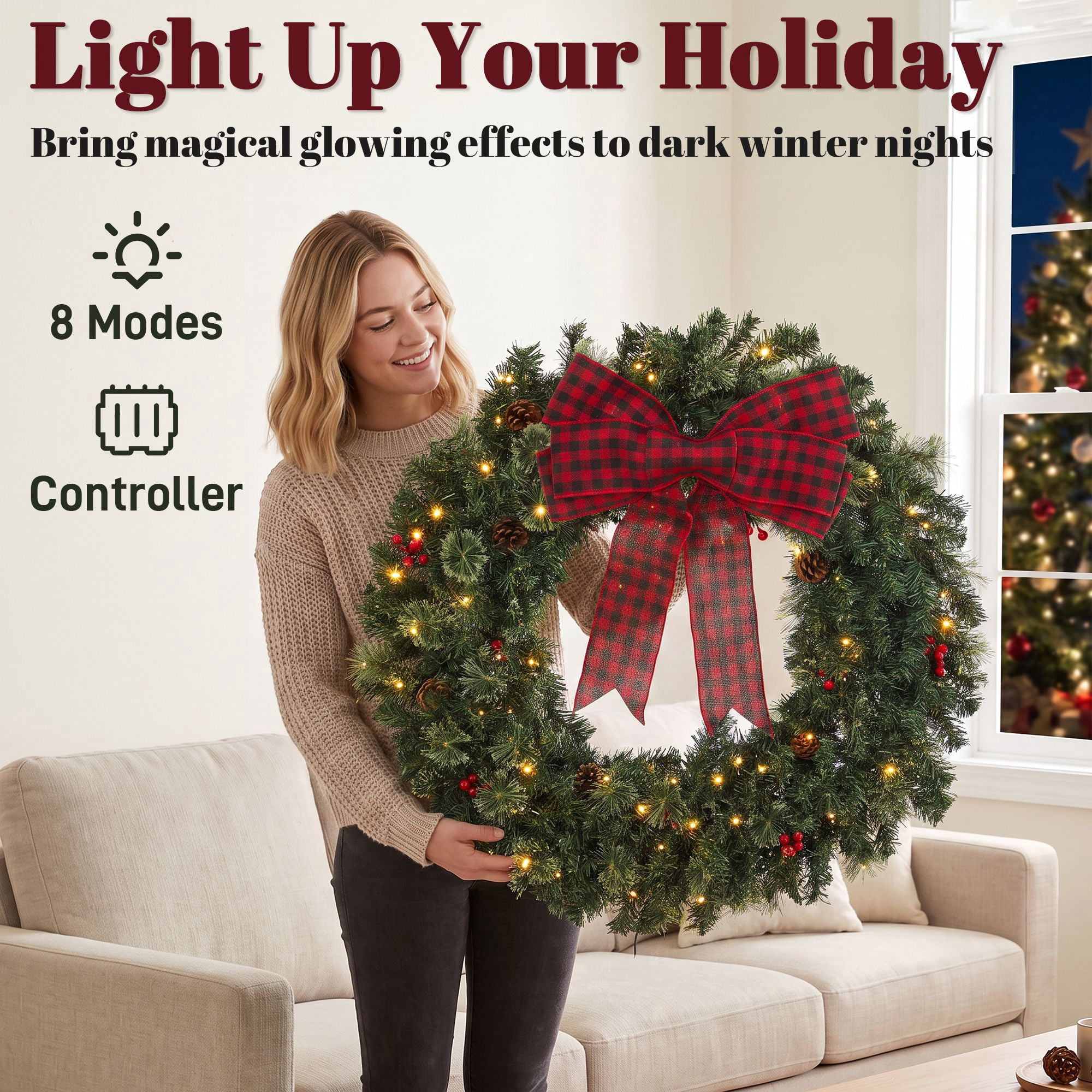 Pre-Lit Artificial Christmas Wreath, 36-Inch Crestwood Spruce with 100 Warm White LED Lights, 8 Modes, Red Berries, Pinecones, Buffalo Plaid Bow, Indoor and Covered Outdoor Use