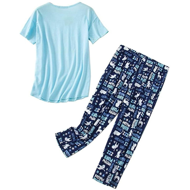 Women Cotton Pajamas Set Short Sleeve Top Capri Pants Sleepwear