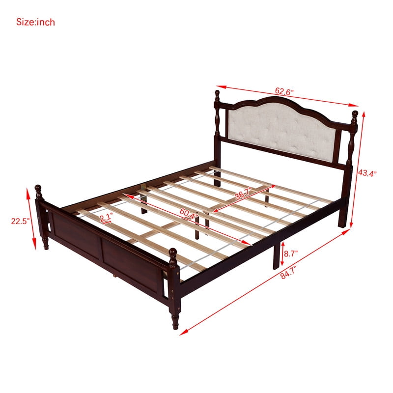 Duxelifin Queen Size Bed Frame with Upholstered Headboard and Footboard, Wood Platform Bed with Bed Rail Support Feet, Wood Slat Support, No Box Spring Needed, Cherry