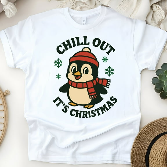 Chill Out It’s Christmas Penguin Tee | Cute Winter Graphic Shirt | Unisex Casual T-Shirt, White, Size S