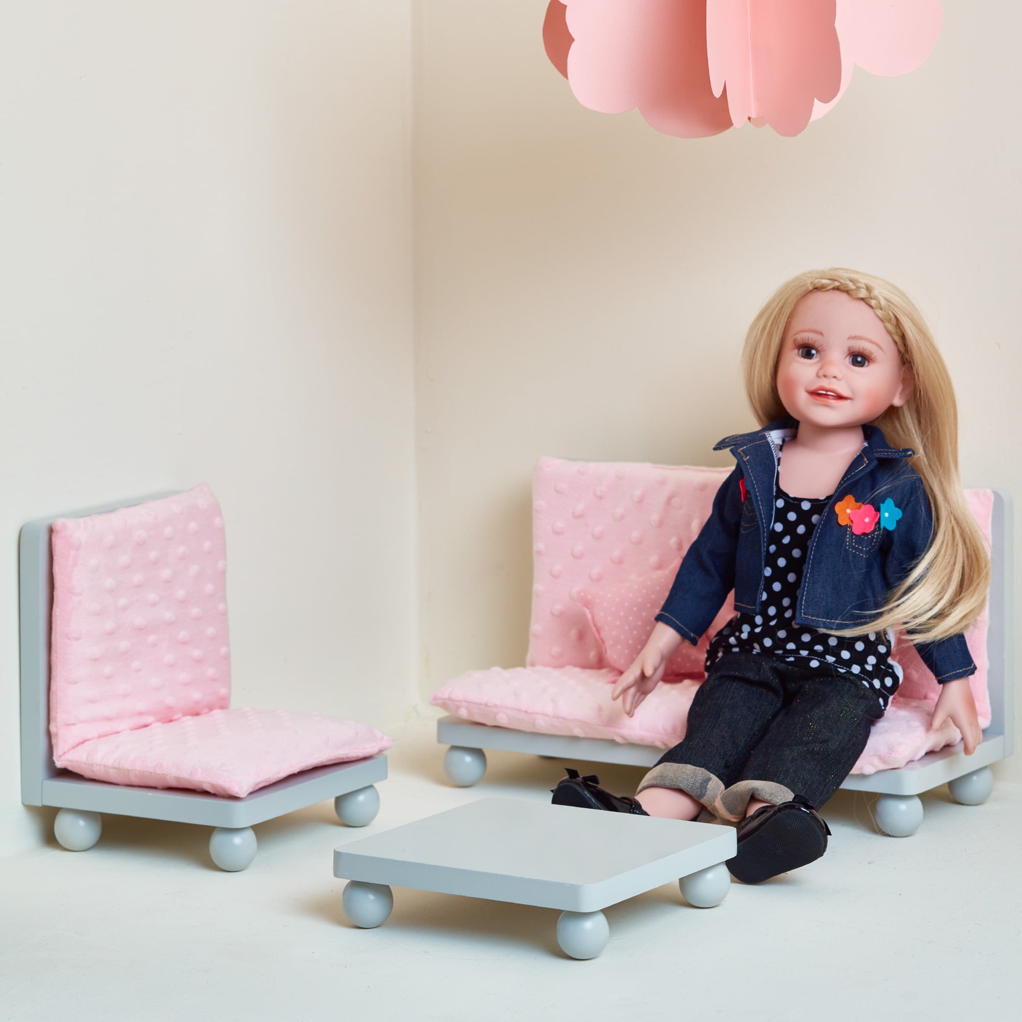 Olivia's Little World Little Princess Lounge Set with Couch, Chair and Coffee Table, Light Pink/Gray