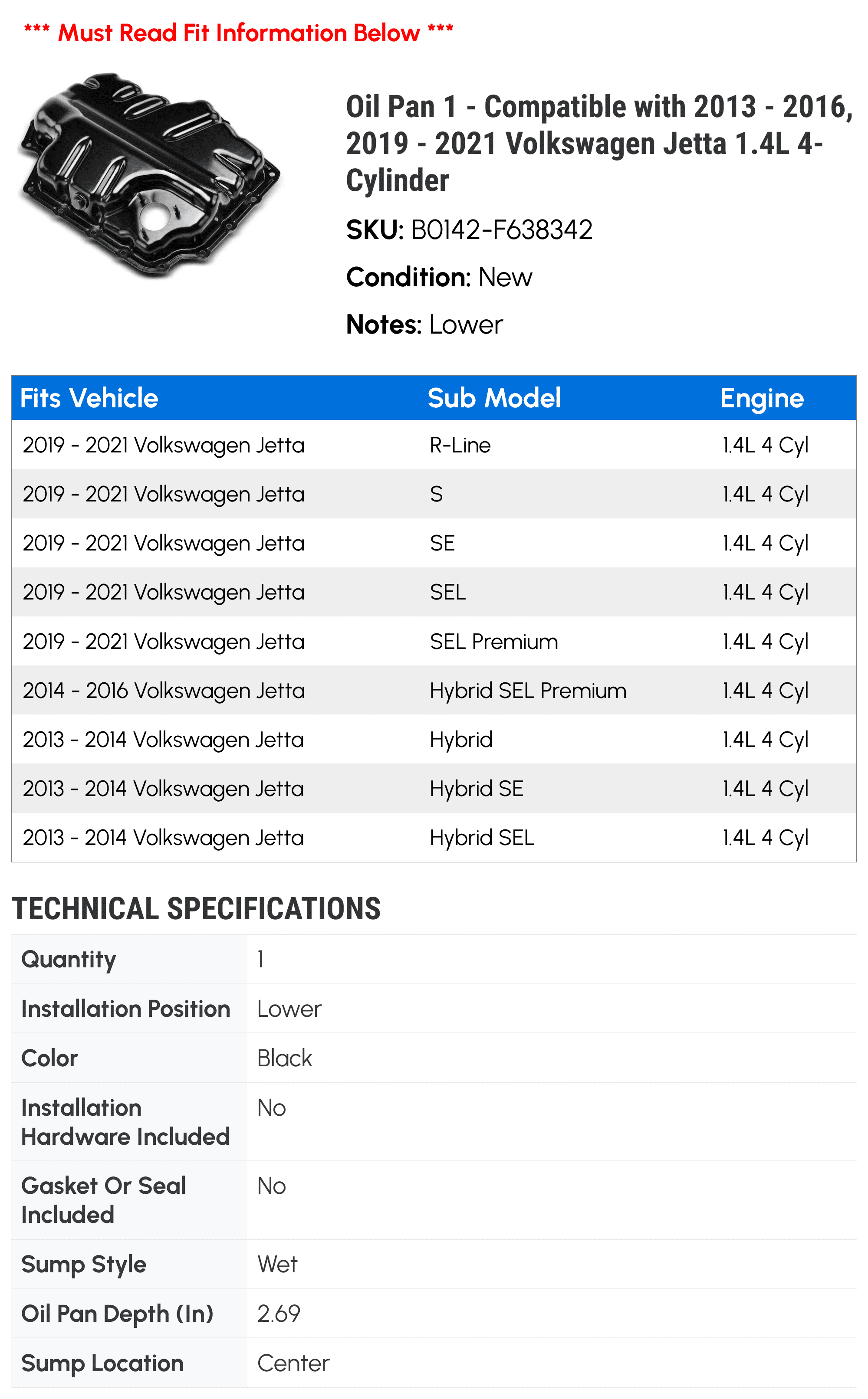 Oil Pan 1 - Compatible with 2013 - 2016, 2019 - 2021 Volkswagen Jetta 1.4L 4-Cylinder - Autopart Premium