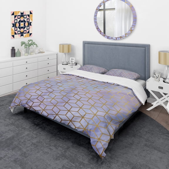 Designart 'Geometric Cubes in Gold and Purple' Modern & Contemporary Duvet Cover Set