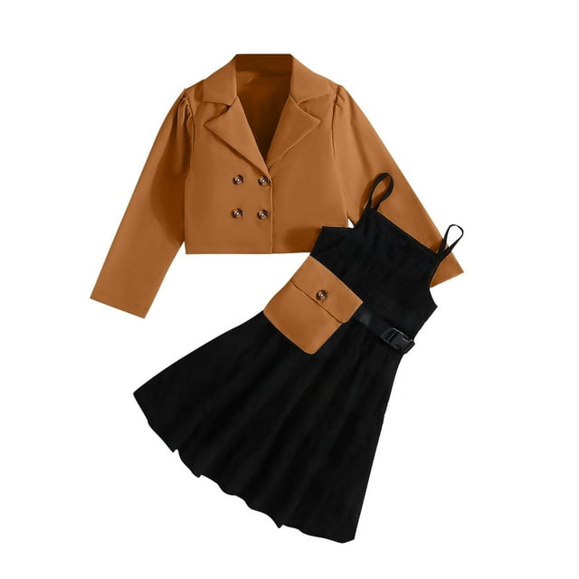 Odeerbi 6-14 Años Niñas Trajes de Verano de Algodón Slip Vestido de Solapa Con Muescas Blazer Chaqueta Con Bolsa de Tres Piezas Vestido Conjunto