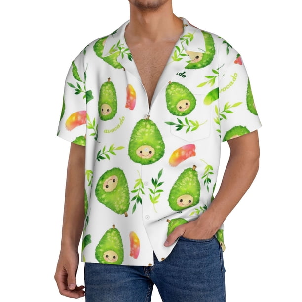 Balery Kawaii Avocado Camisa Casual de Manga Corta con Botones para Hombre, Texturizada, Estilo Cubano, para Playa, Verano-X-Large