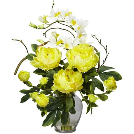 Peony and Orchid Silk Flower Arrangement, Yellow - Walmart.com