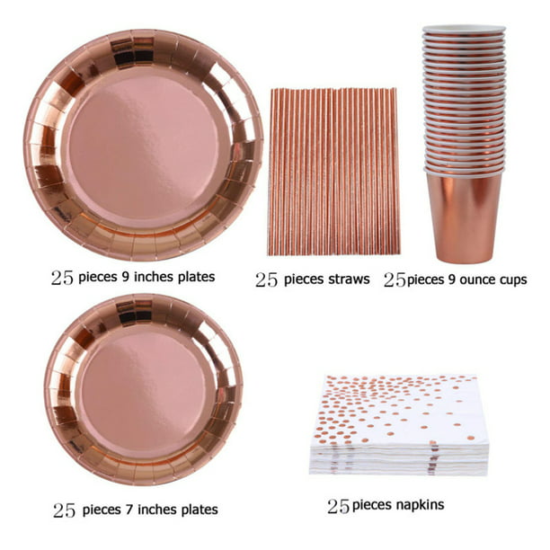 125PCS Rose Gold Party Supplies Disposable Paper Tableware Dinnerware Kit Foil Paper Plates Napkins Cups Straws Set for Adult Kids Birthday, Serves 25 Guest