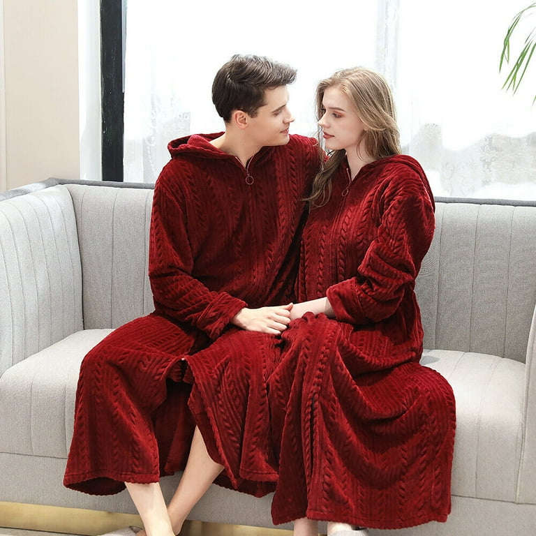 Flannel Hooded Bath robe Men s Women s Thick Warm Zipper Long
