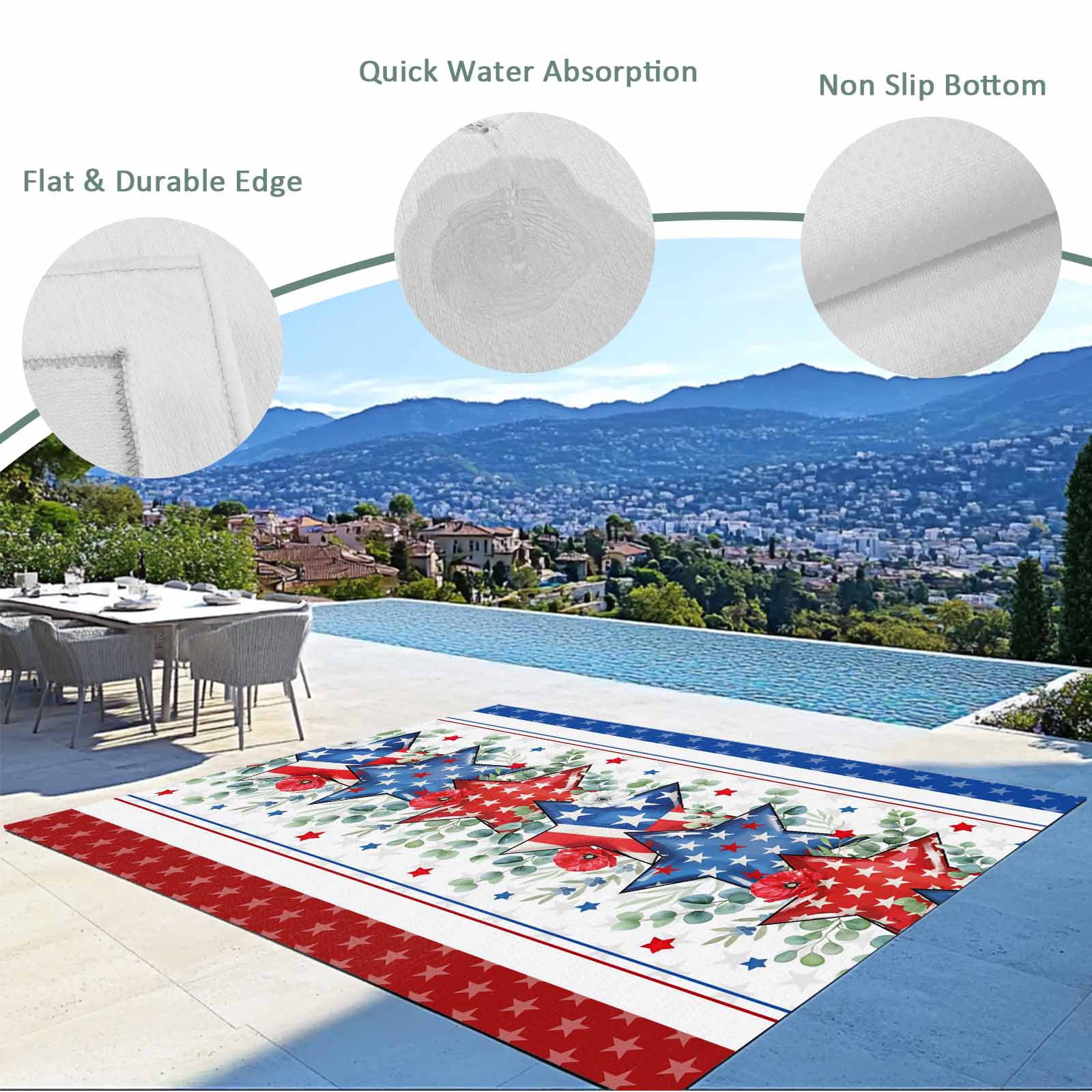 Outdoor Rug 6x9 ft Red White Blue Patriotic Stars Waterproof Outdoor Patio Rug Mat Non Slip Outside Area Rugs Carpet for RV,Camping,Porch,Deck,Pool,Balconybackyard,Eucalyptus Leaves Poppy