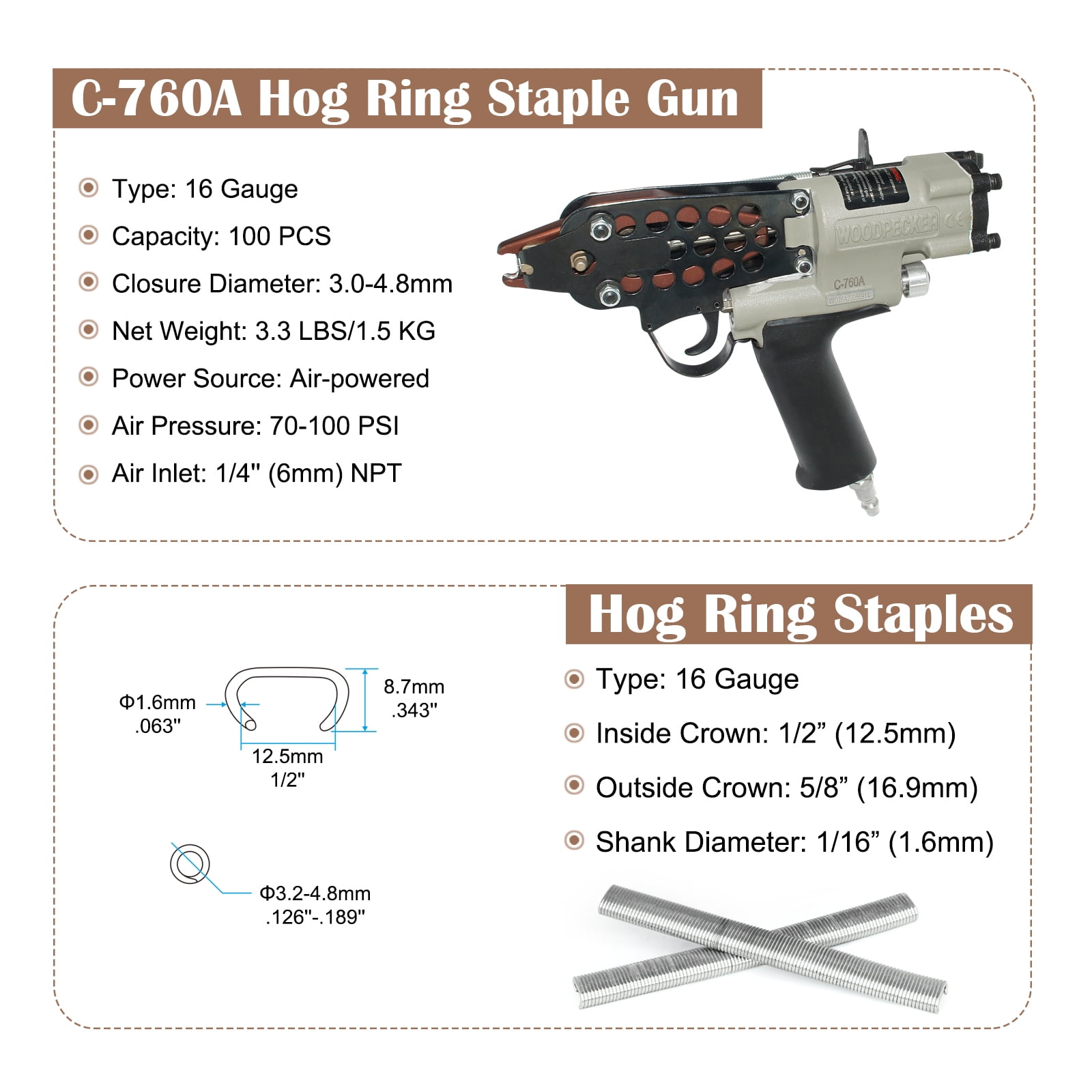 WOODPECKER C-760A 16 Guage Pneumatic Hog Ring Gun, Standard 3.0mm Closure Diameter, 1/2-Inch Crown Hog Ring Staples, Power C Ring Gun Air Hog Ring Plier Tool for Wire Cages, Seat Making, Fencing