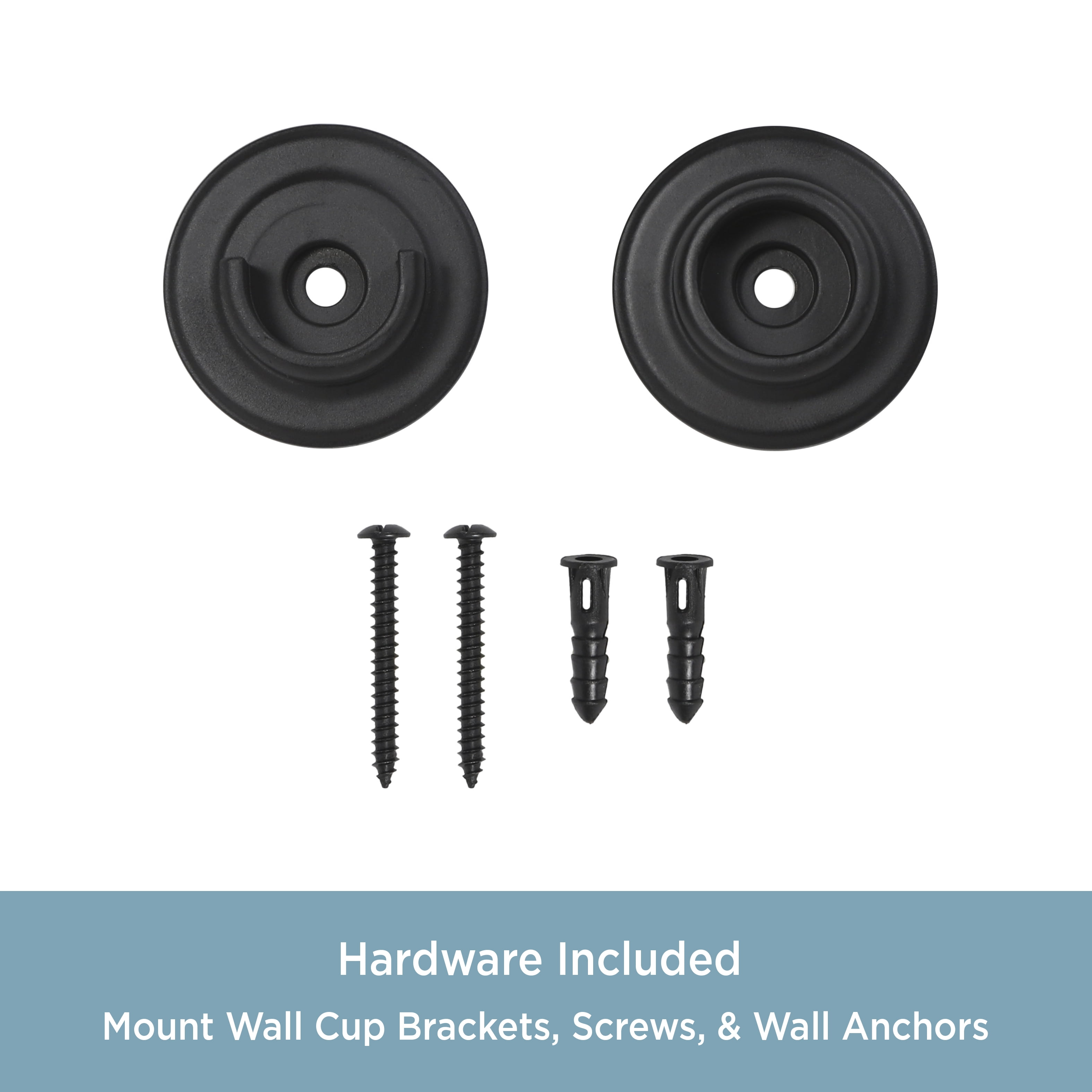 Kenney 5/8-3/4" Diameter Curtain Rod Hardware Mount Wall Cup Brackets, Black, Set of 2