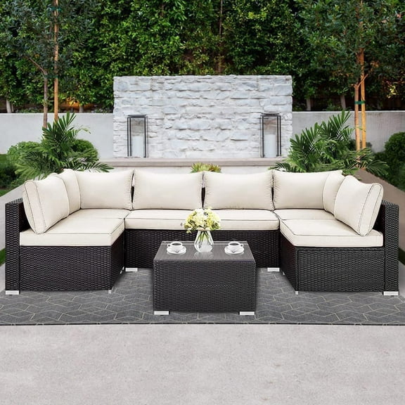 LAUSAINT HOME 7 Pieces Outdoor Furniture Set, Patio Sectional Conversation Set with 6 Chairs and 1 Coffee Table, Beige Cushions